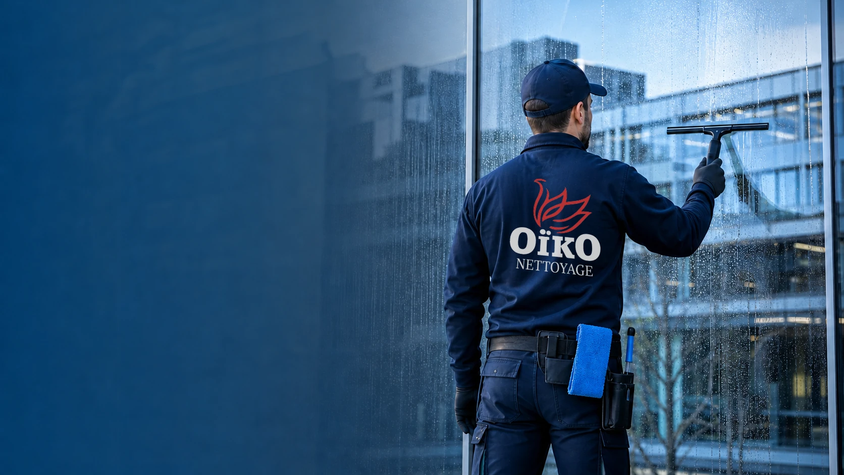Illustration d’un laveur de vitres en tenue Oïko Nettoyage