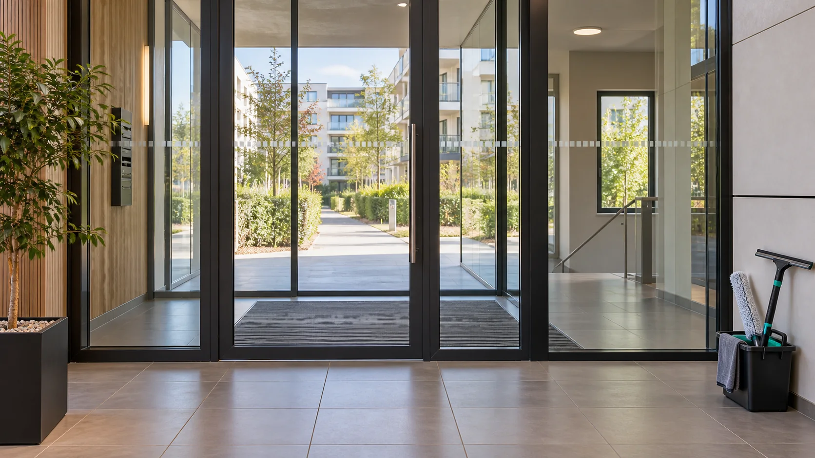 Hall de copropriété avec portes vitrées propres et matériel de vitrerie rangé