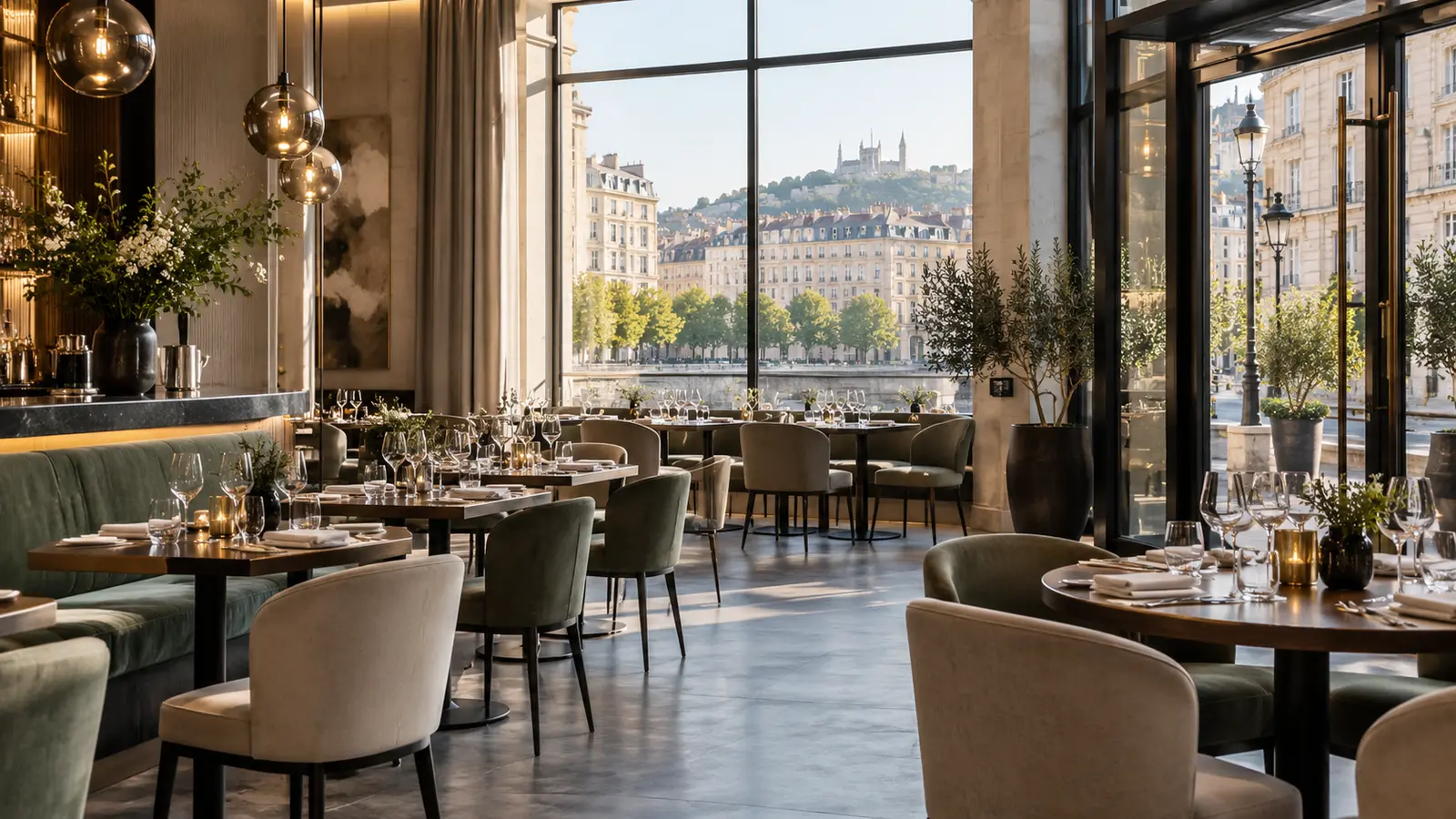 Salle de restaurant lumineuse derrière de grandes baies vitrées propres