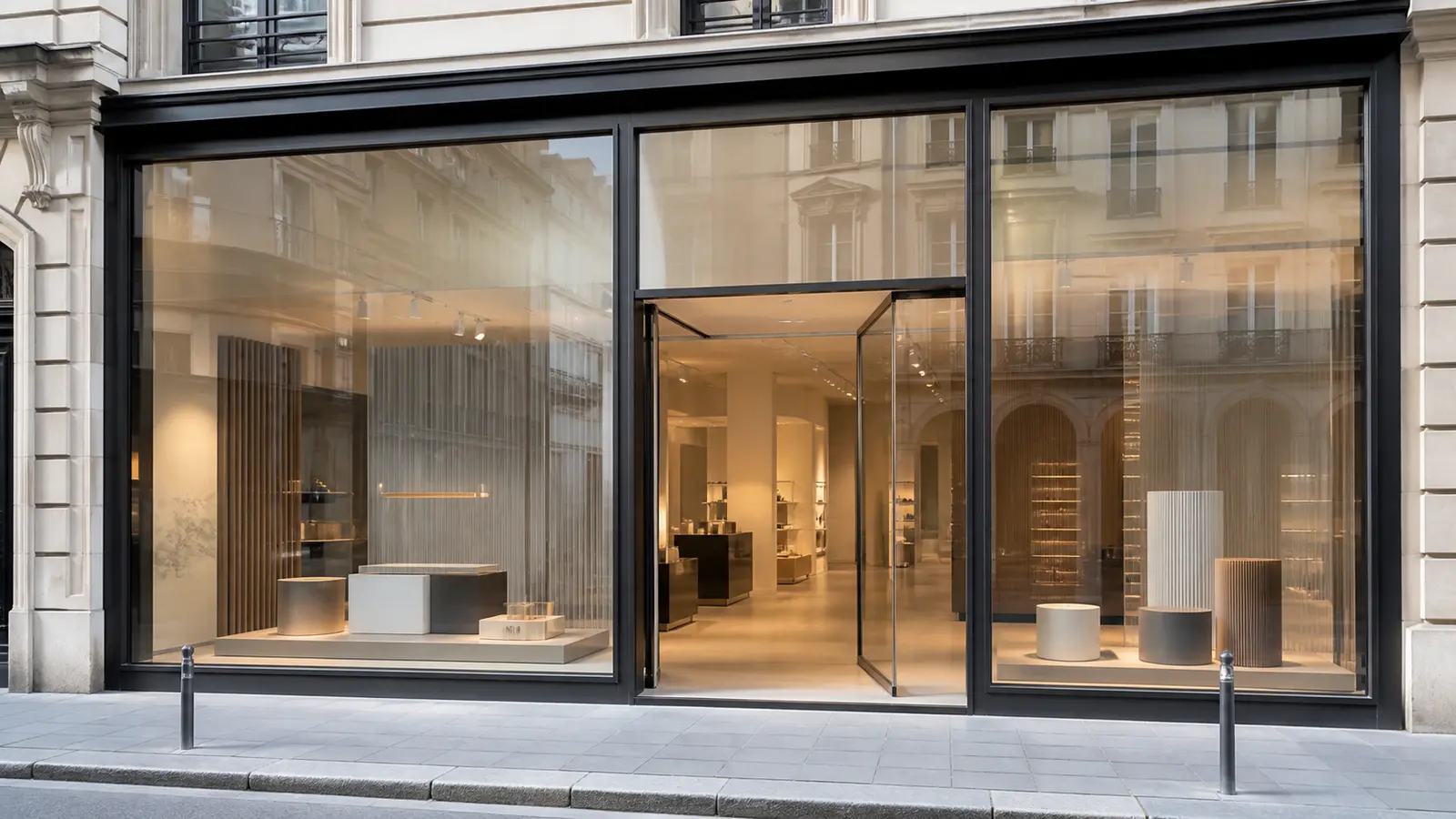 Vitrine et entrée dégagées d’une boutique contemporaine en ville