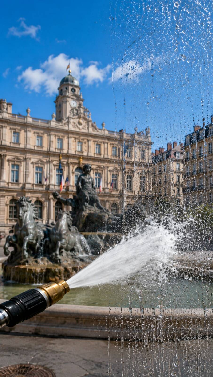 Jet d’eau au premier plan devant une fontaine et une façade monumentale à Lyon