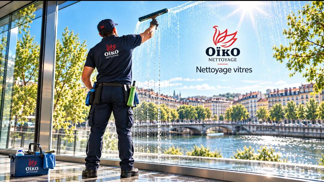 Agent Oïko nettoyant une grande baie vitrée face à un paysage urbain au bord de l’eau