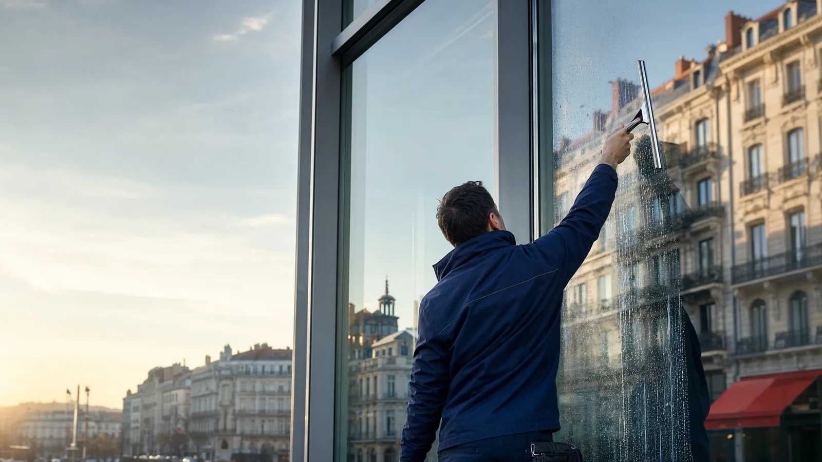 Professionnel nettoyant une grande vitrine à Lyon