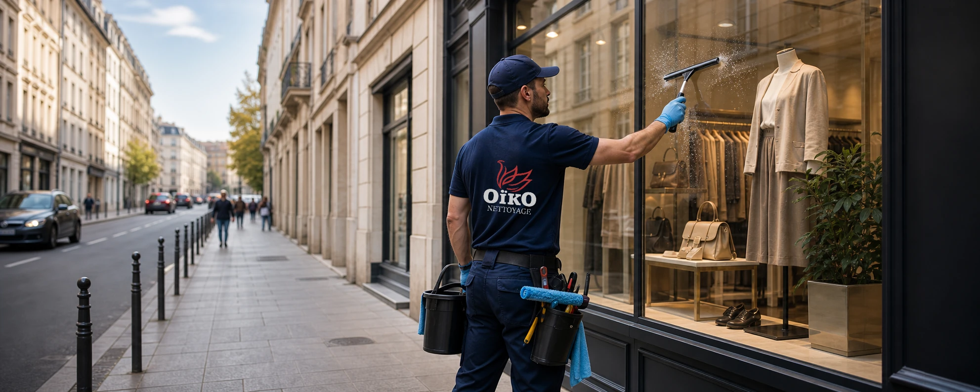 Illustration d’un laveur de vitres Oïko nettoyant la vitrine d’une boutique à Lyon